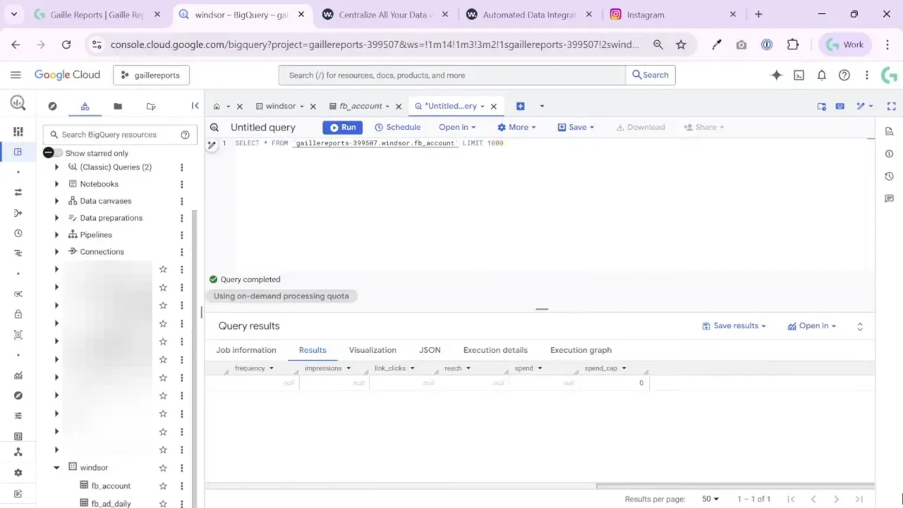 BigQuery console showing Windsor.ai datasets and a query results pane with Facebook Ads fields like impressions, link_clicks, and reach.