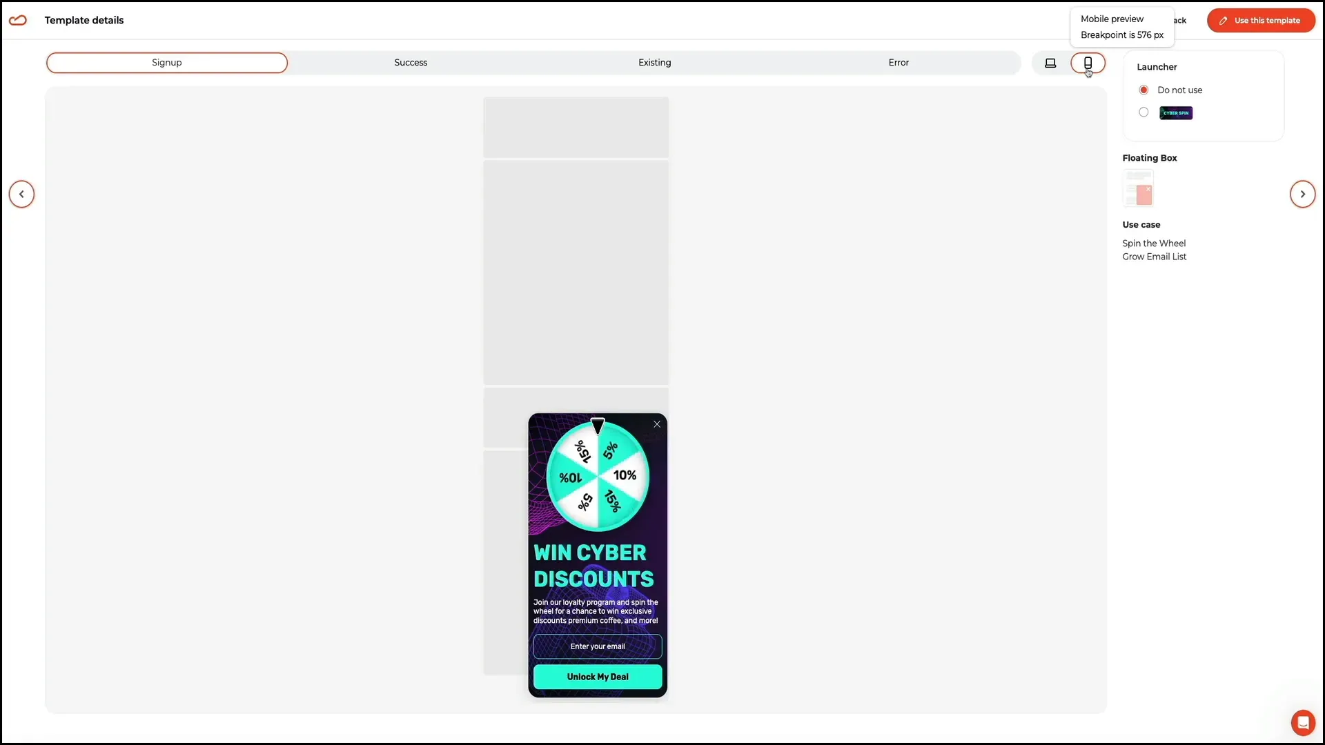 Mobile preview of spin the wheel popup