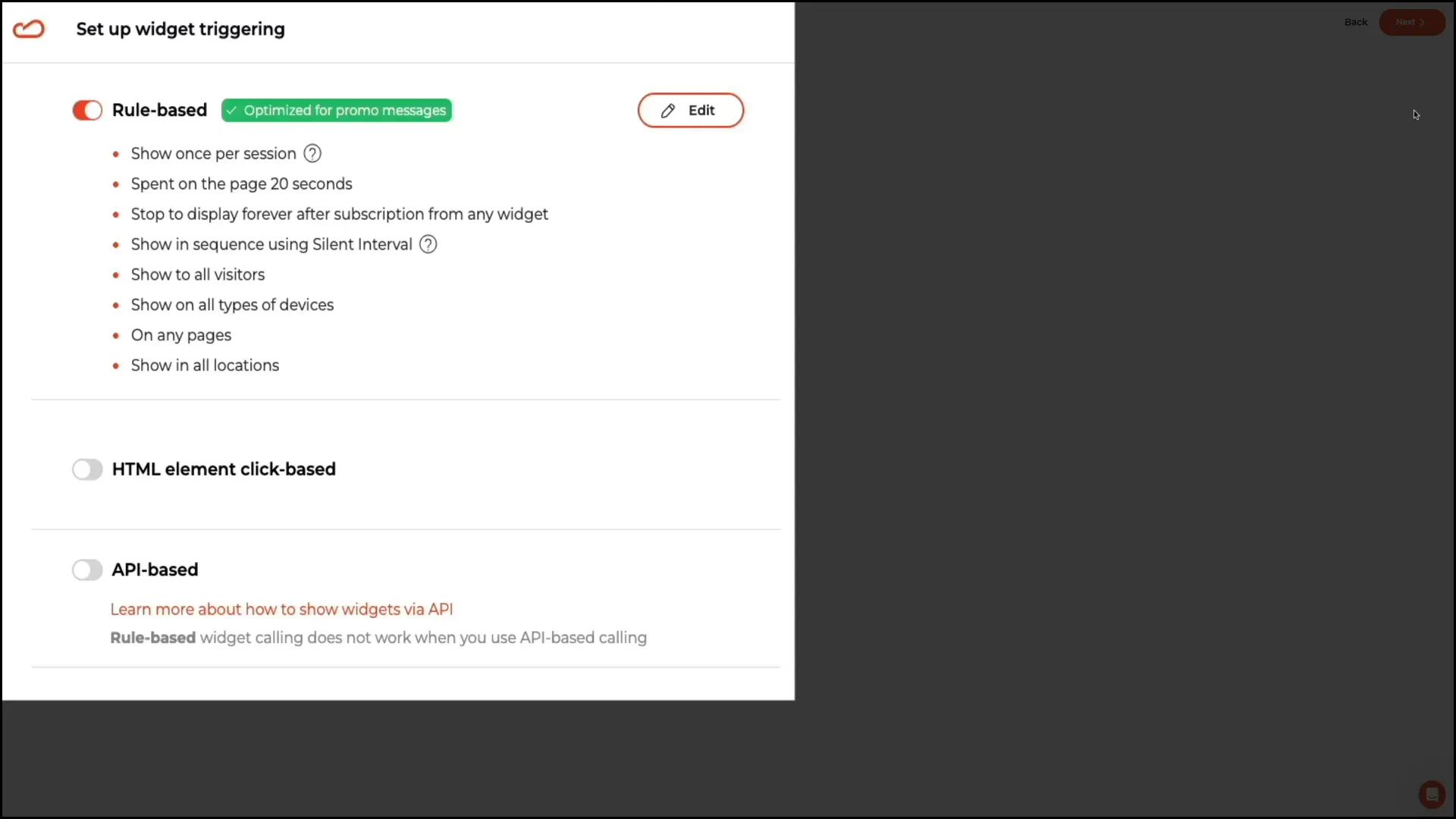 Widget triggering rules configuration