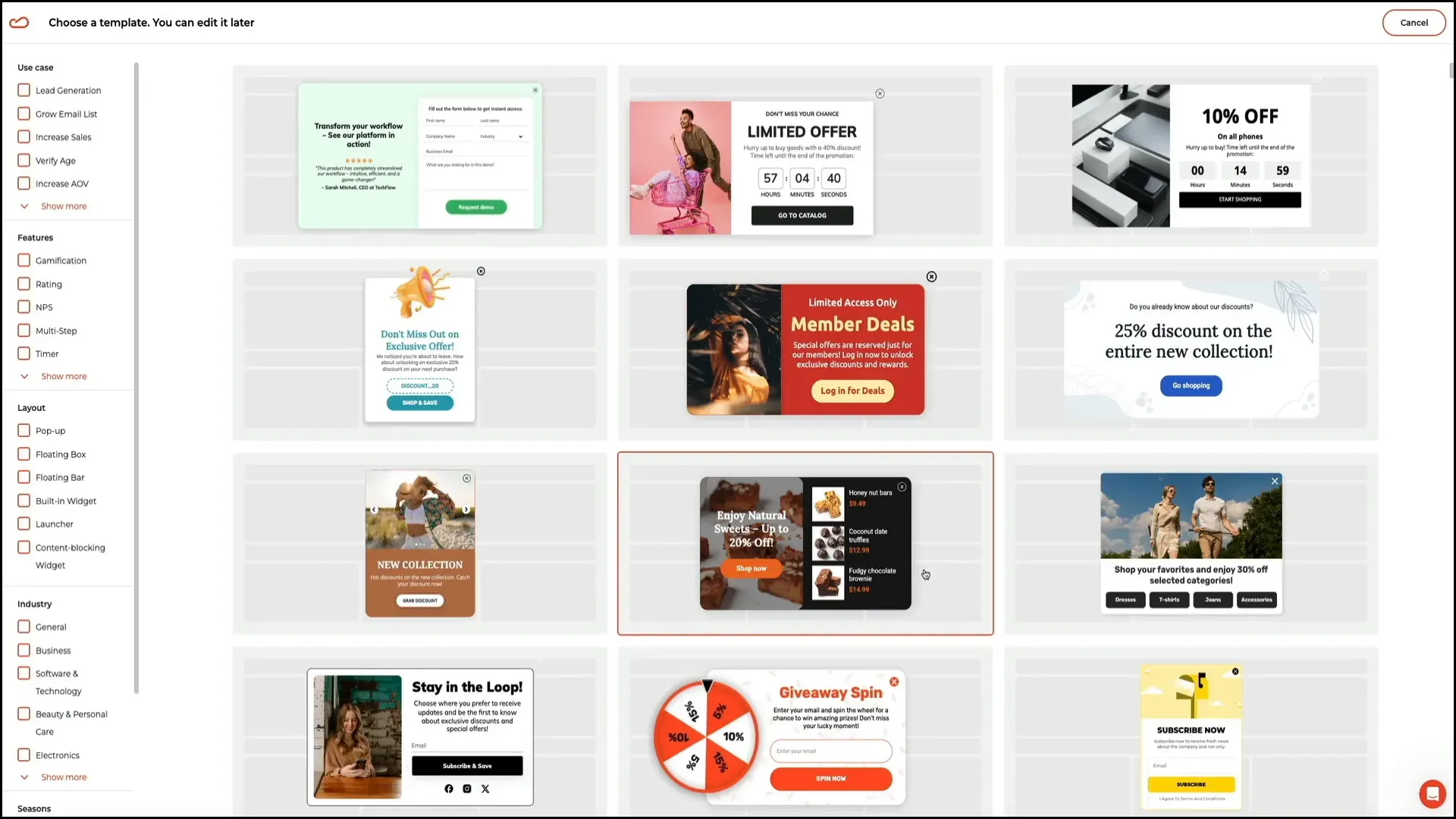 Template selection screen showing various options