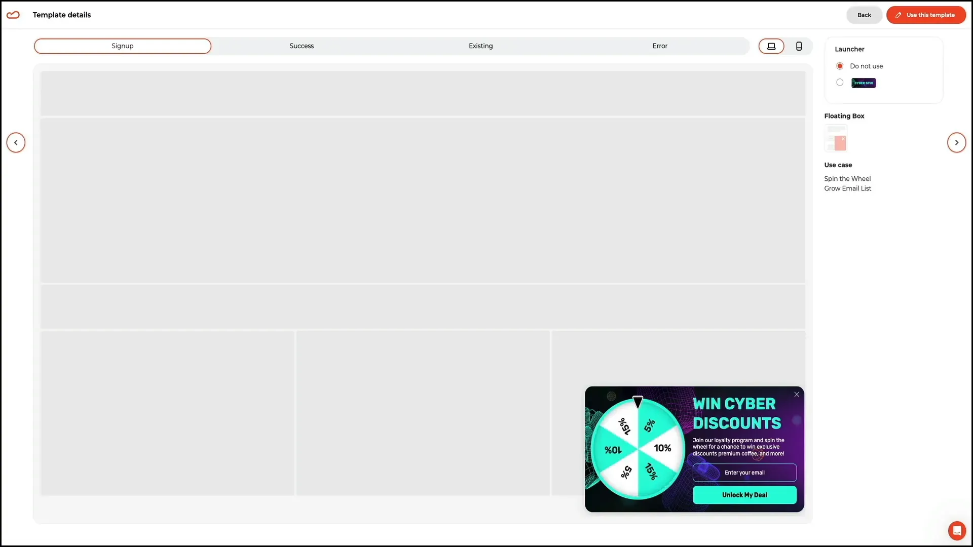 Preview of widget interaction states signup, success, existing, error