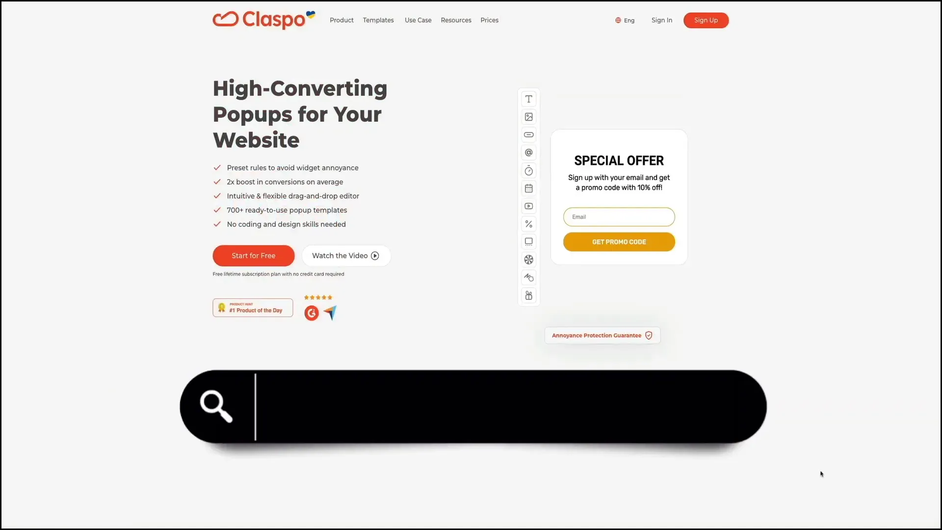 Claspo homepage with Sign Up button
