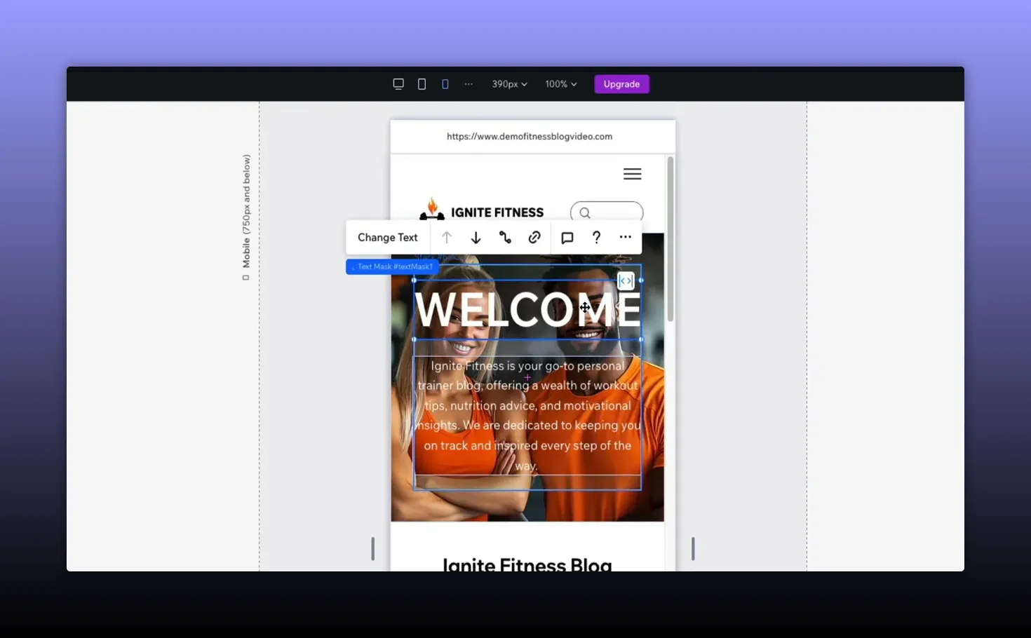 Wix Studio mobile preview showing 'WELCOME' headline and paragraph text mask with contextual editor toolbar