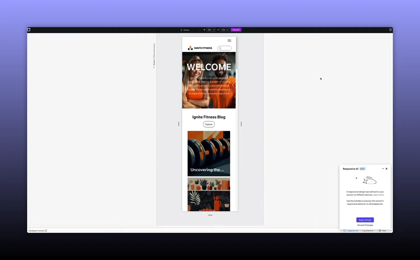 Wix Studio mobile preview showing a phone frame with the 'WELCOME' hero and blog cards plus Responsive AI dialog