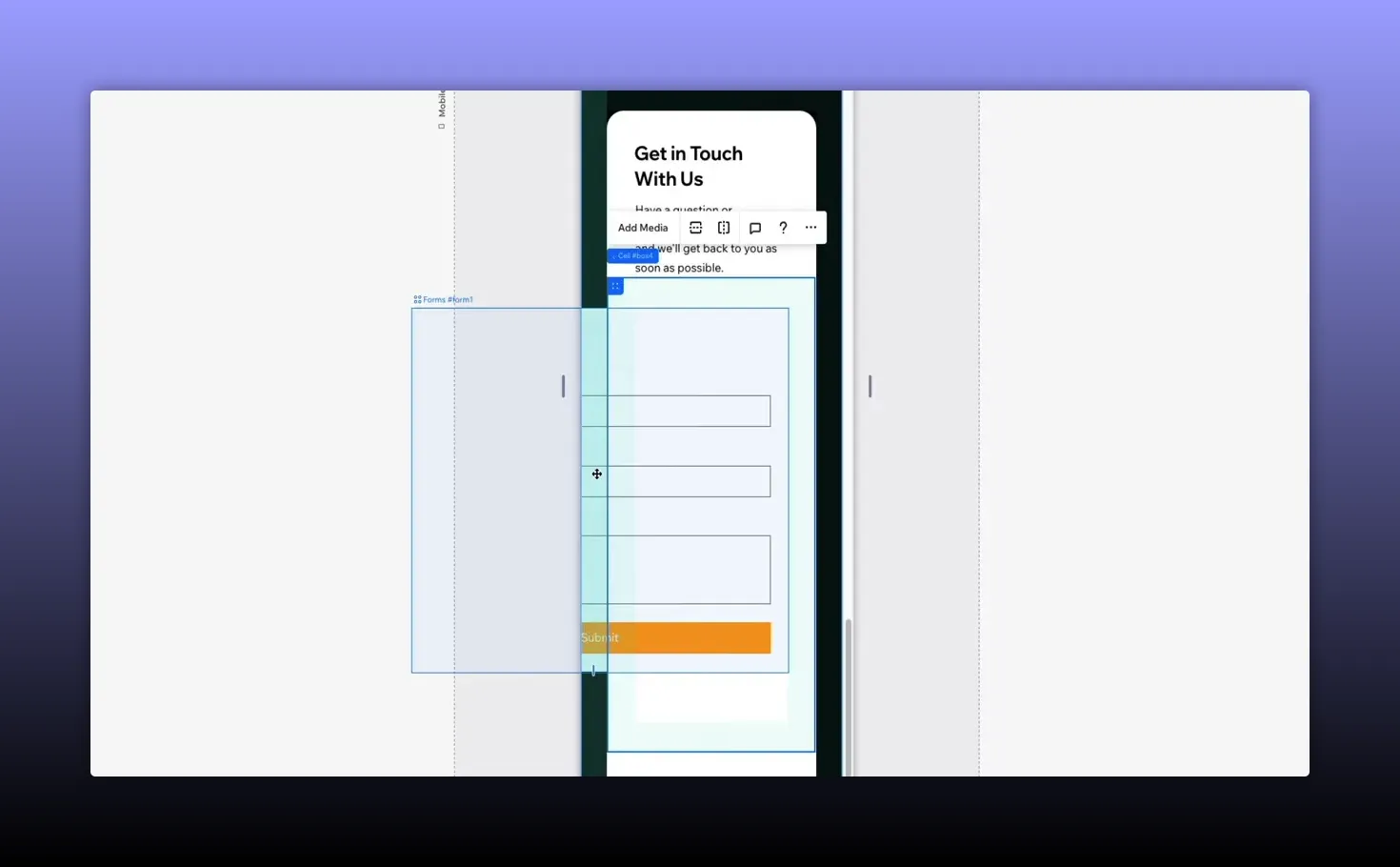 Wix Studio editor showing a contact form selected with blue bounding box and contextual toolbar