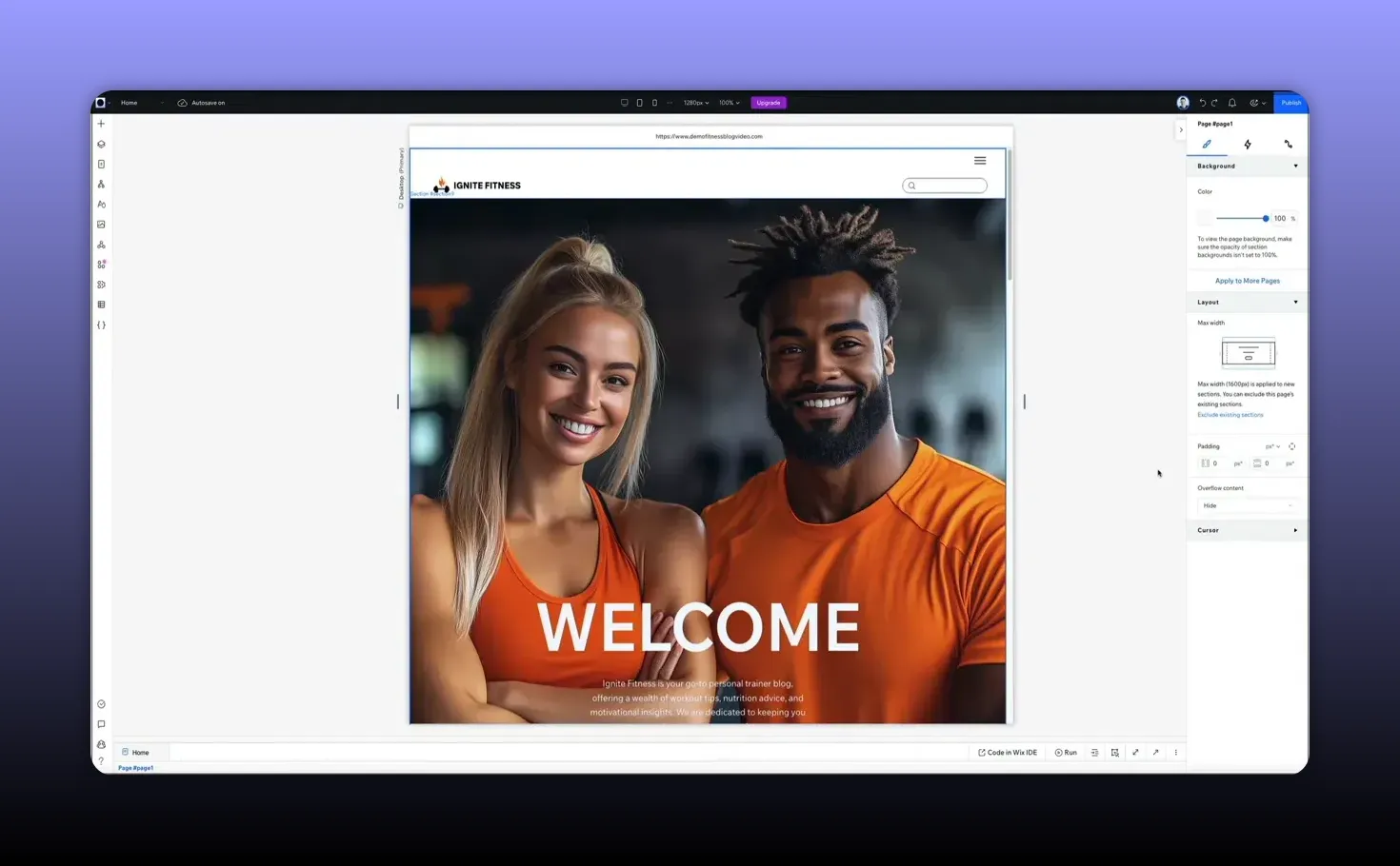 Wix Studio desktop editor with hero image and welcome text in a site preview