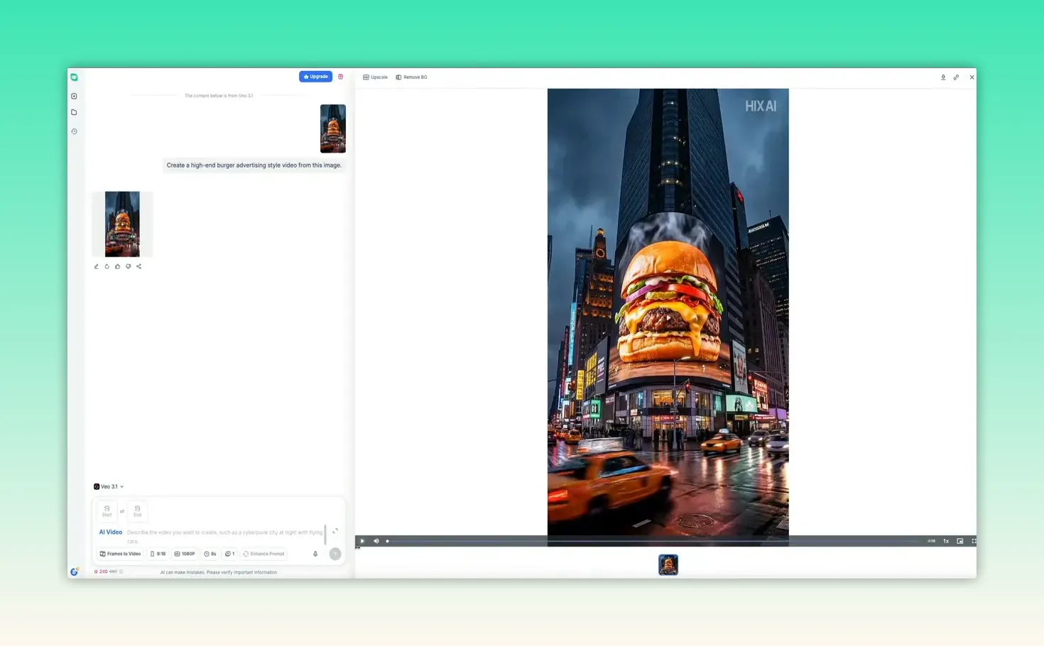 HIX AI video workspace showing a vertical image-to-video preview with playback bar and left-side controls
