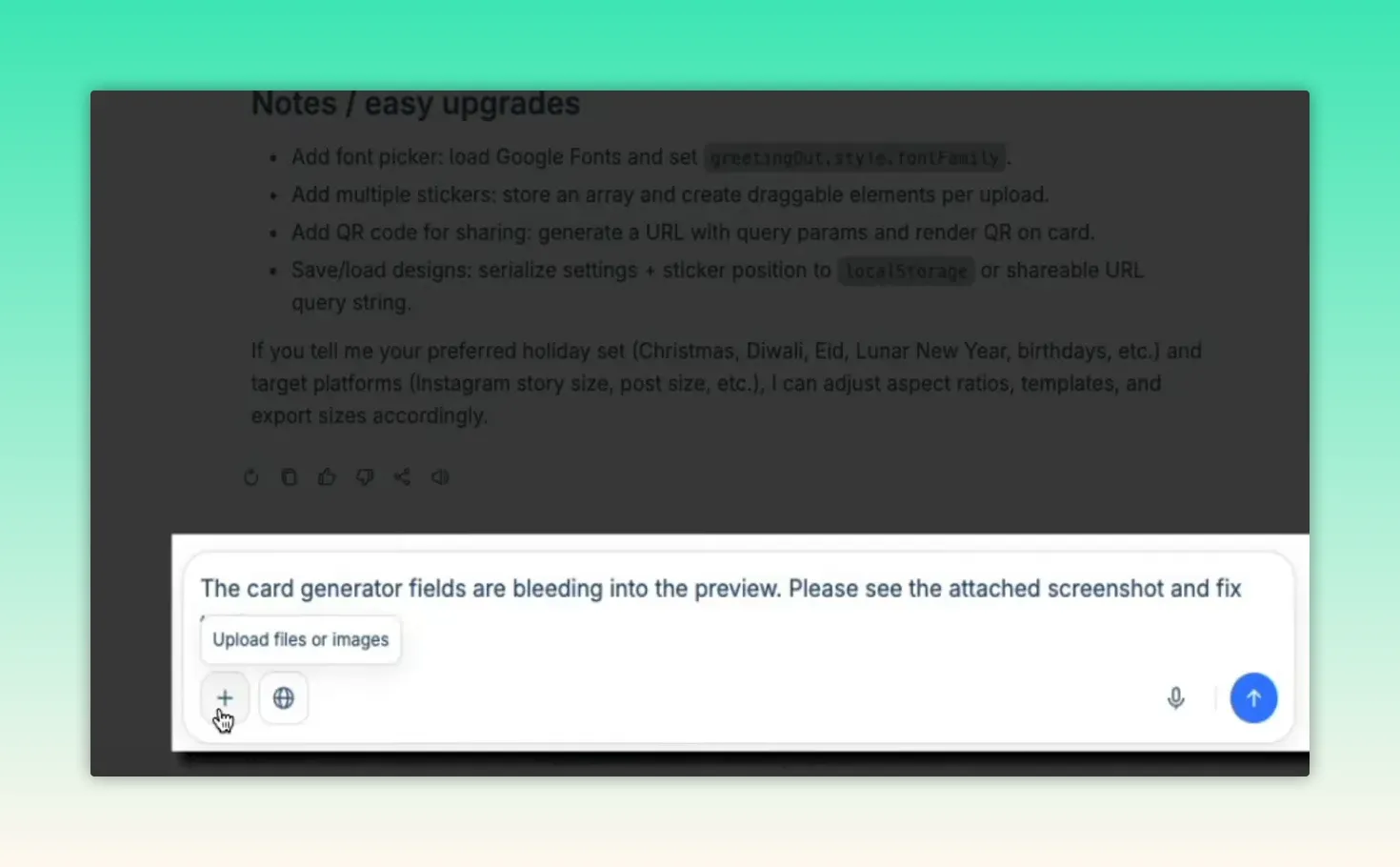 Chat composer with bug report text and plus button showing 'Upload files or images' tooltip and cursor