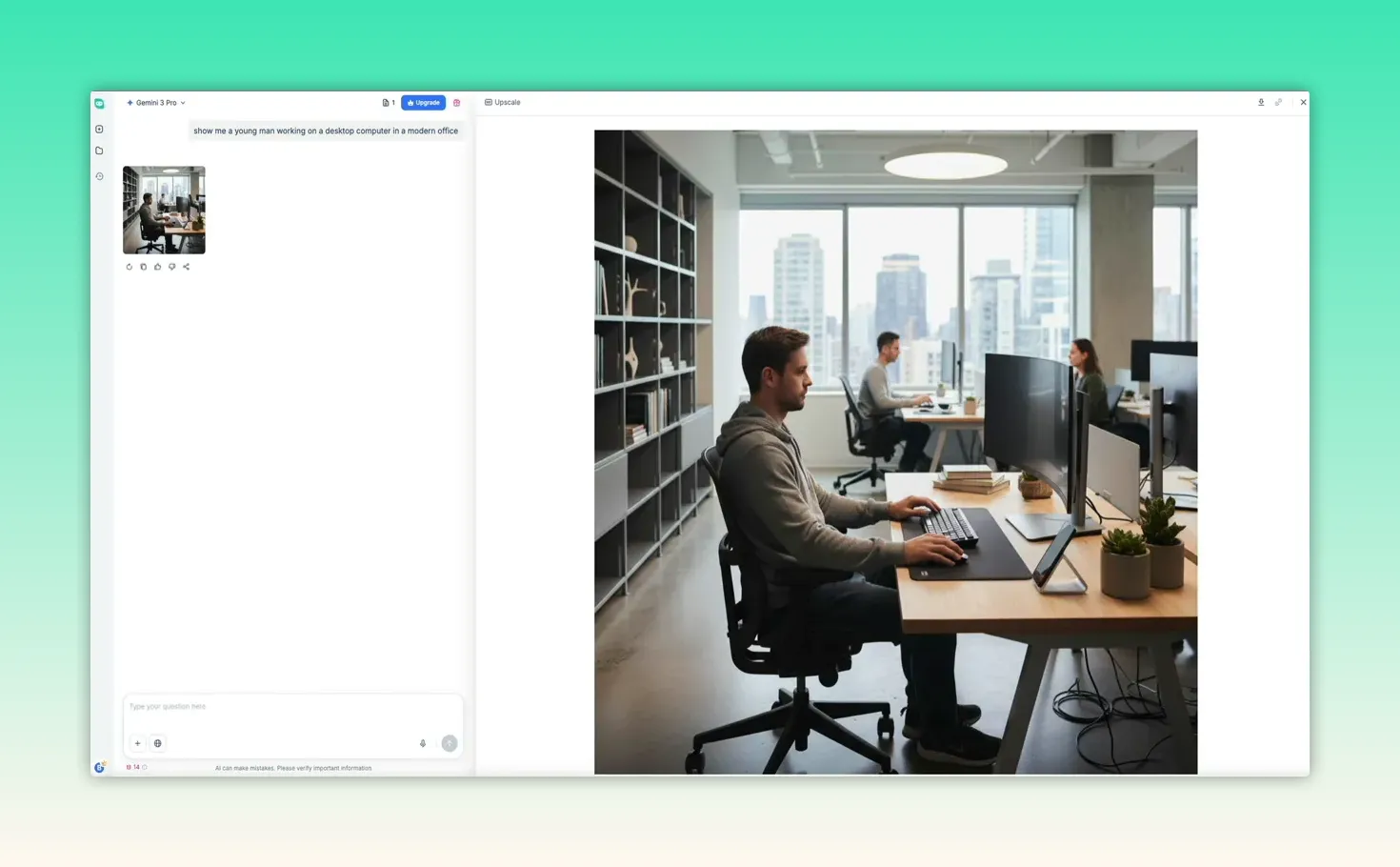 HIX AI chat with a left-side thumbnail and a large generated image preview on the right showing a man working at a desk in a modern office