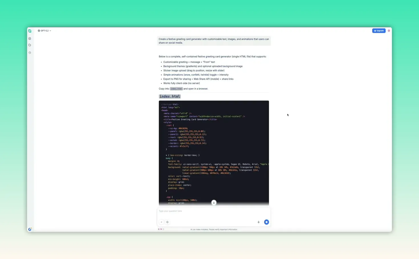 HIX AI chat window showing a generated index.html code snippet for a festive greeting card generator