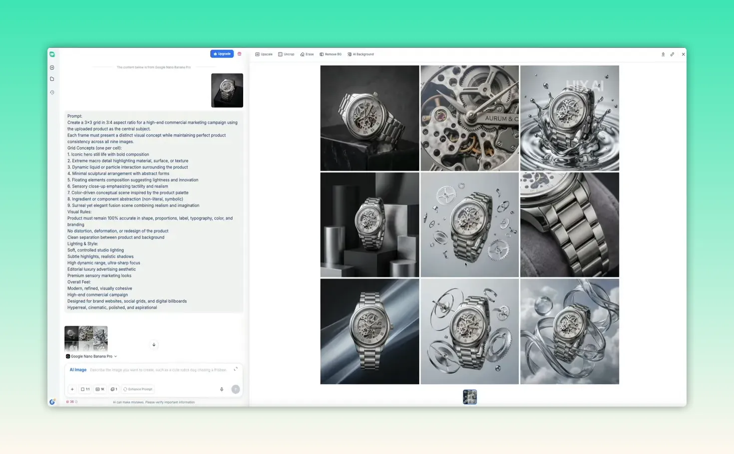 HIX AI reference-image workflow showing a left-side prompt and a 3x3 grid of generated watch images