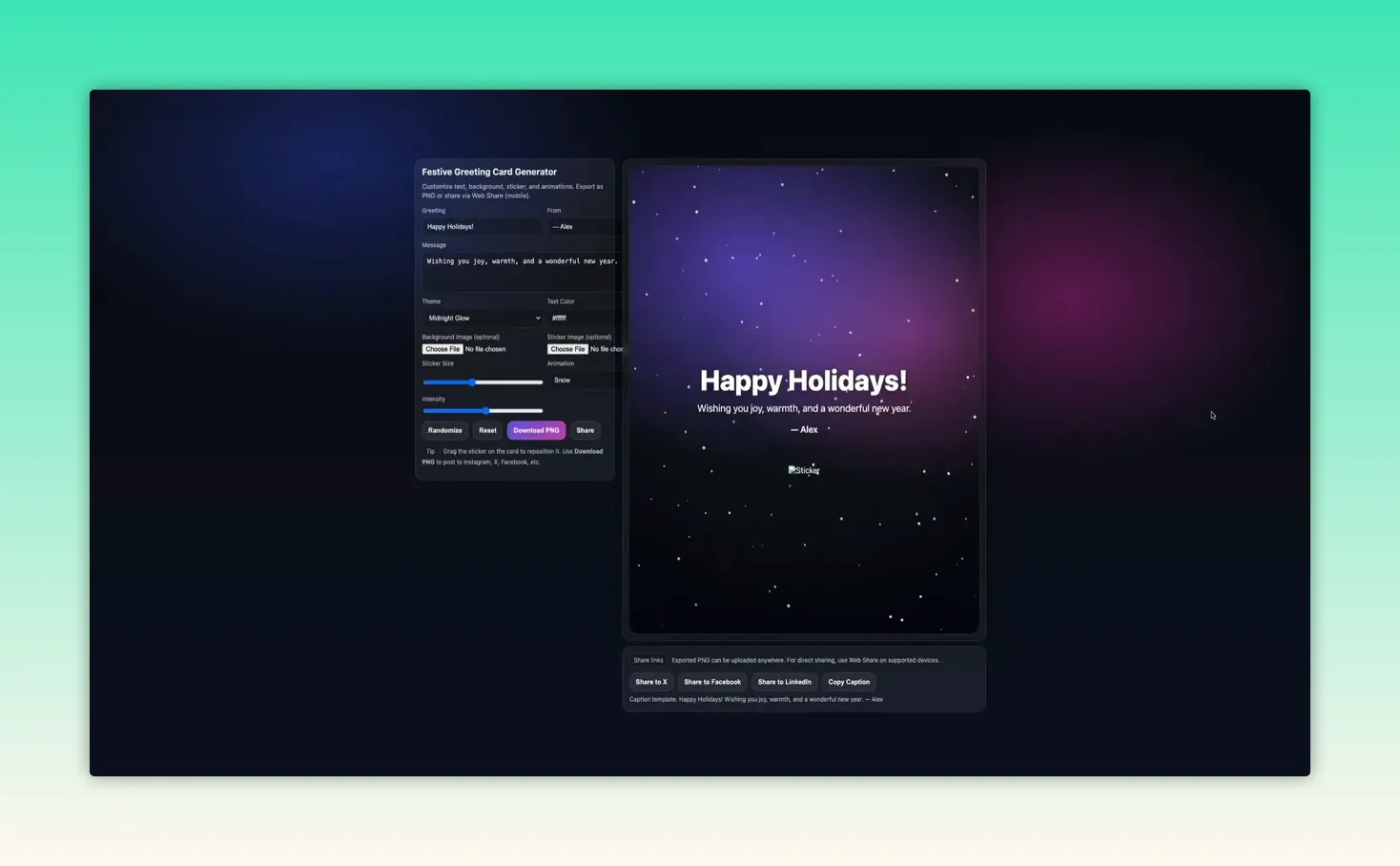 HIX AI greeting card preview showing a 'Happy Holidays!' card on the right and the generator controls on the left.