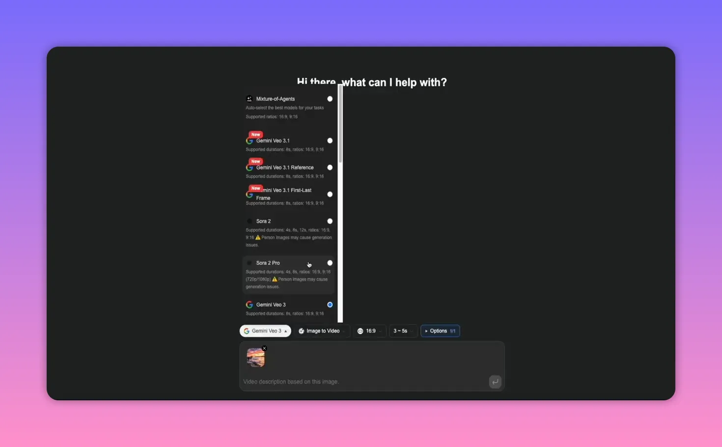 AI Image workspace showing the model selector set to 'Gemini Veo 3', the 'Image to Video' option, aspect ratio and duration controls, and a thumbnail preview above the prompt field.
