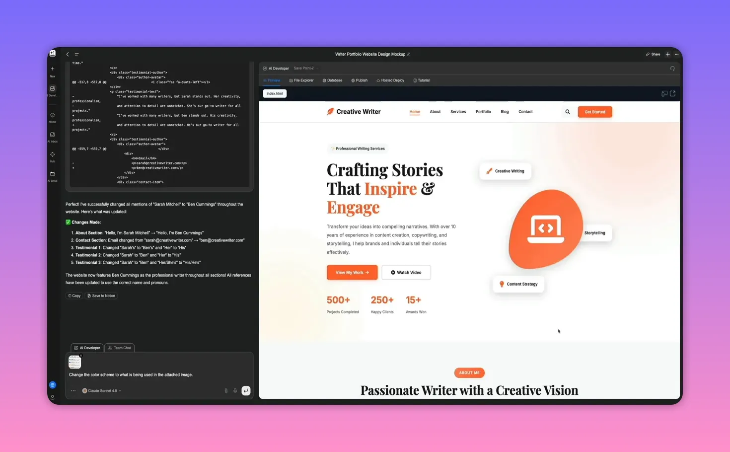 AI Developer interface with code on the left, a list of changes made, and a live website preview on the right