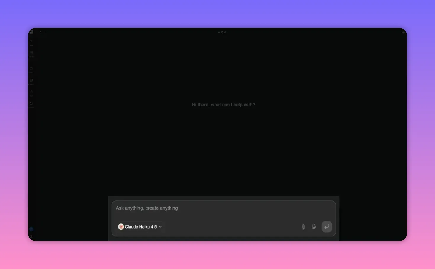 Close-up crop of the AI Chat input field with placeholder 'Ask anything, create anything' and model selector 'Claude Haiku 4.5' visible.