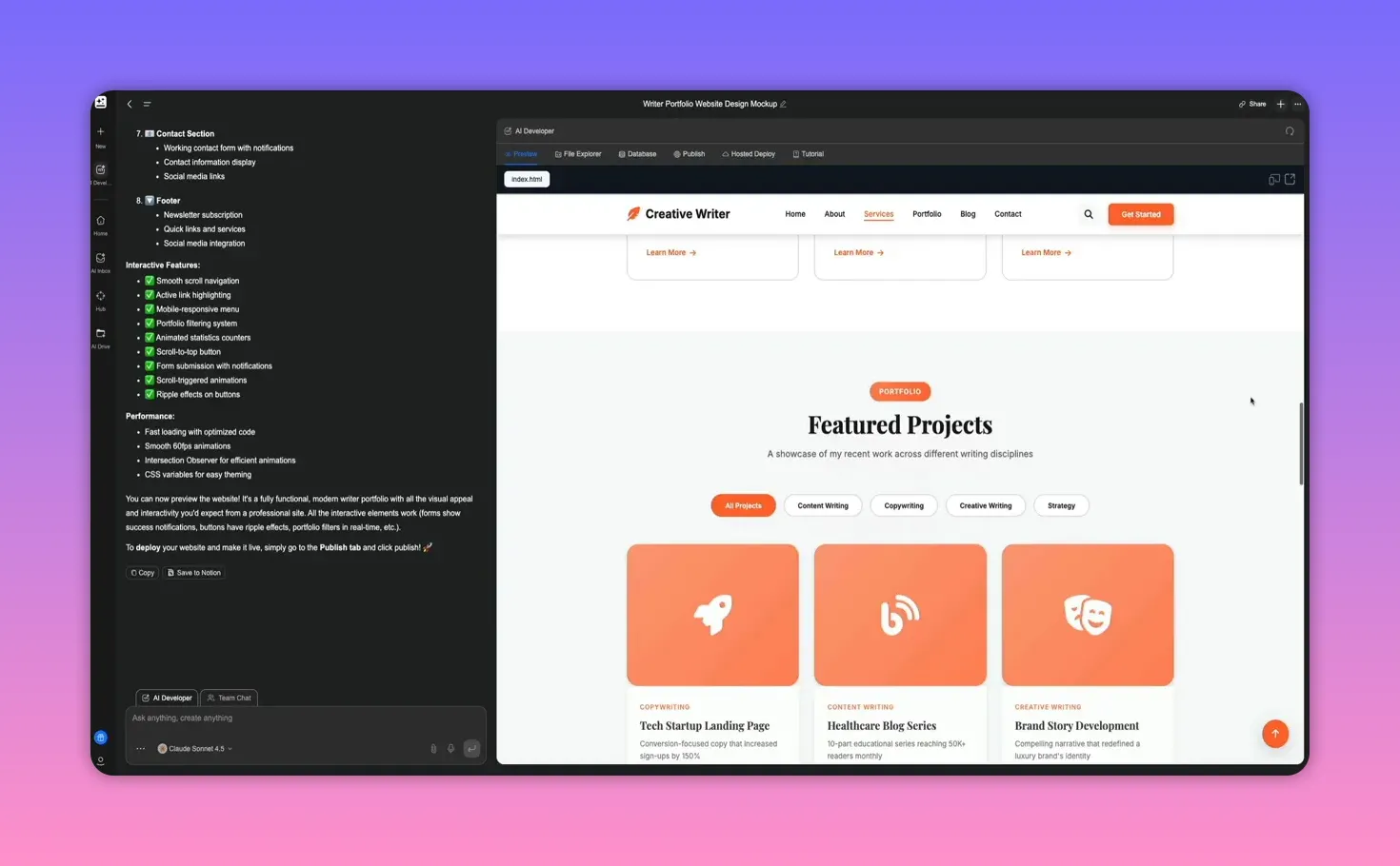 AI Developer workspace showing a live site preview, file explorer, and project notes