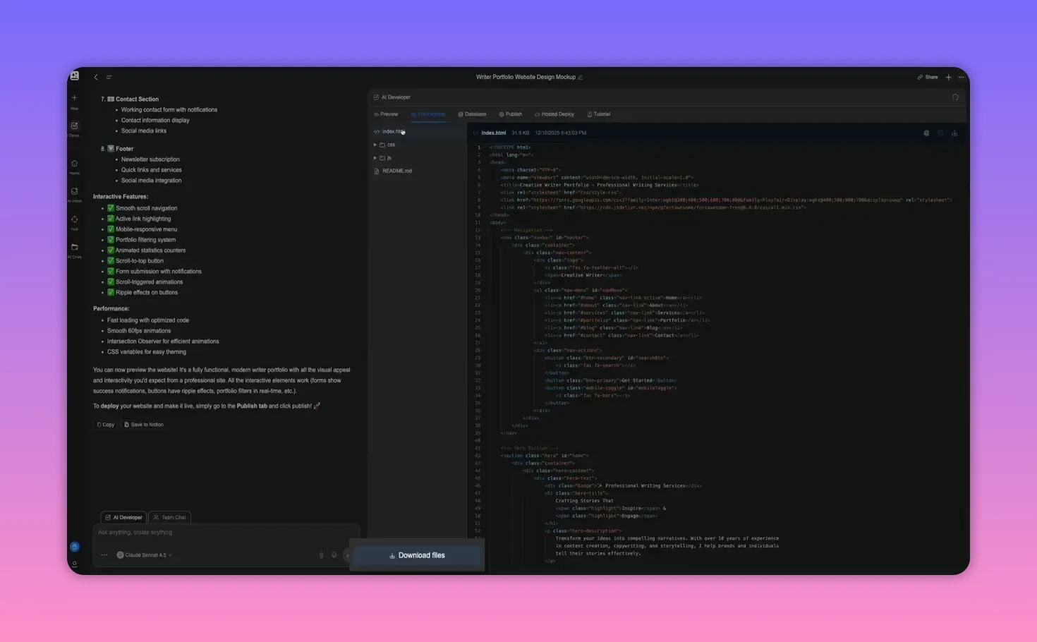 Wide screenshot of AI Developer workspace with HTML/CSS code editor and left-hand project outline