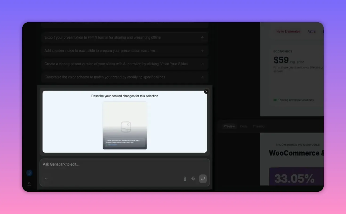 GenSpark AI Edit modal showing 'Describe your desired changes for this selection' with an image placeholder and an input box to ask Genspark to edit.