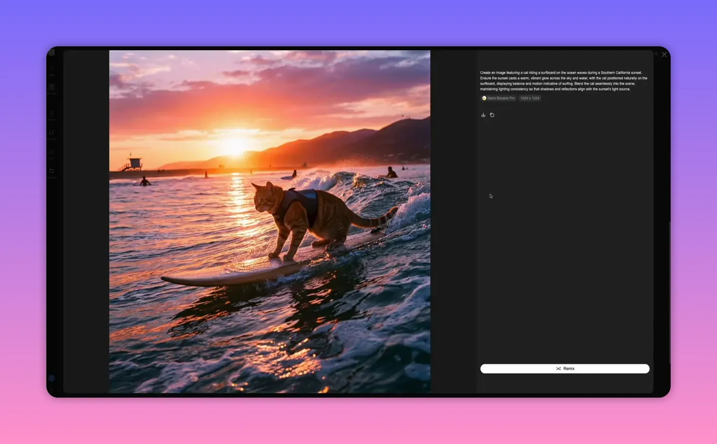 Screenshot of the AI Image workspace displaying a cat surfing at sunset and the generation prompt on the right.