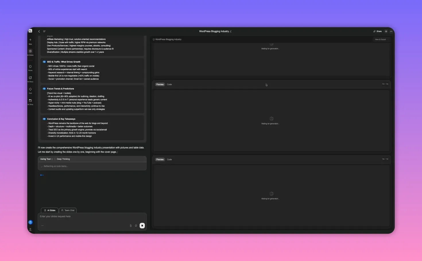 AI Slides workspace with left-hand slide outline and notes plus multiple preview panels showing 'Waiting for generation' placeholders.