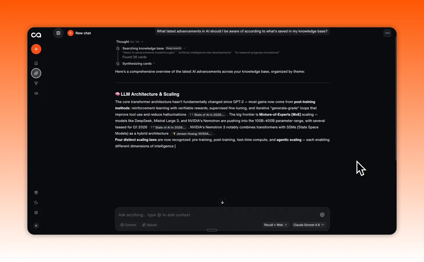 Recall 2.0 agentic chat showing a detailed answer organized by topics from saved knowledge