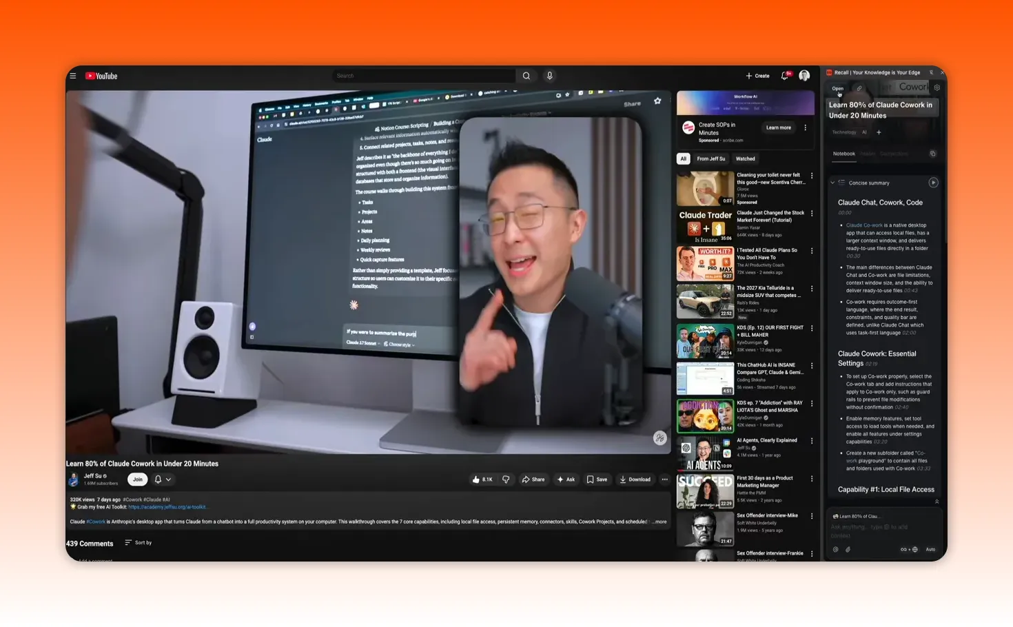 Recall 2.0 interface showing captured content and chat/workspace content panes