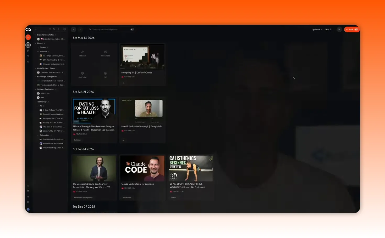 Recall 2.0 knowledge base dashboard showing saved video cards and a sidebar