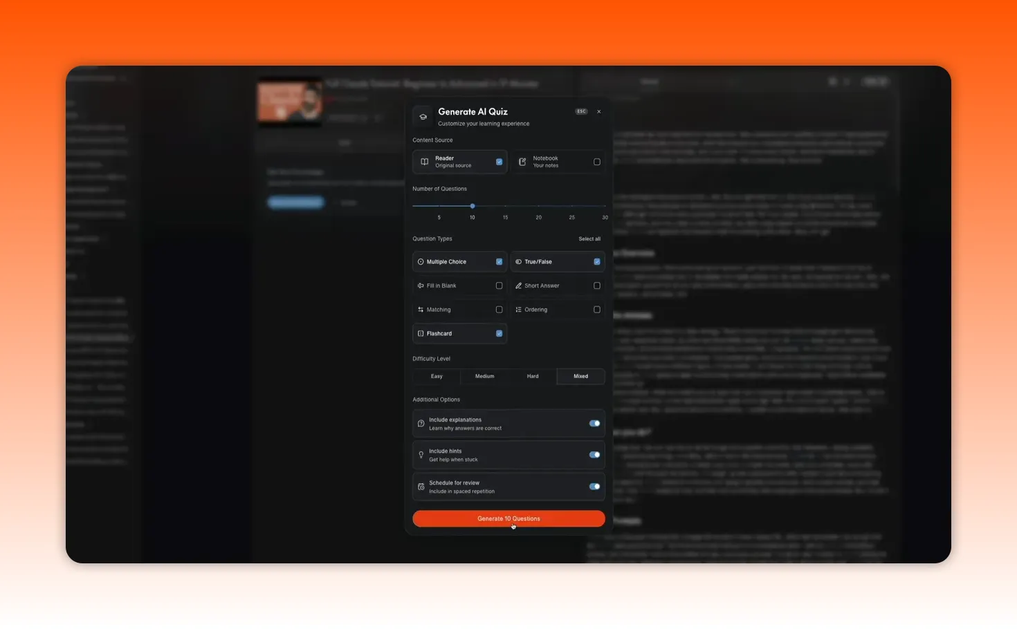 Recall 2.0 Generate AI Quiz panel with configuration options and generate button