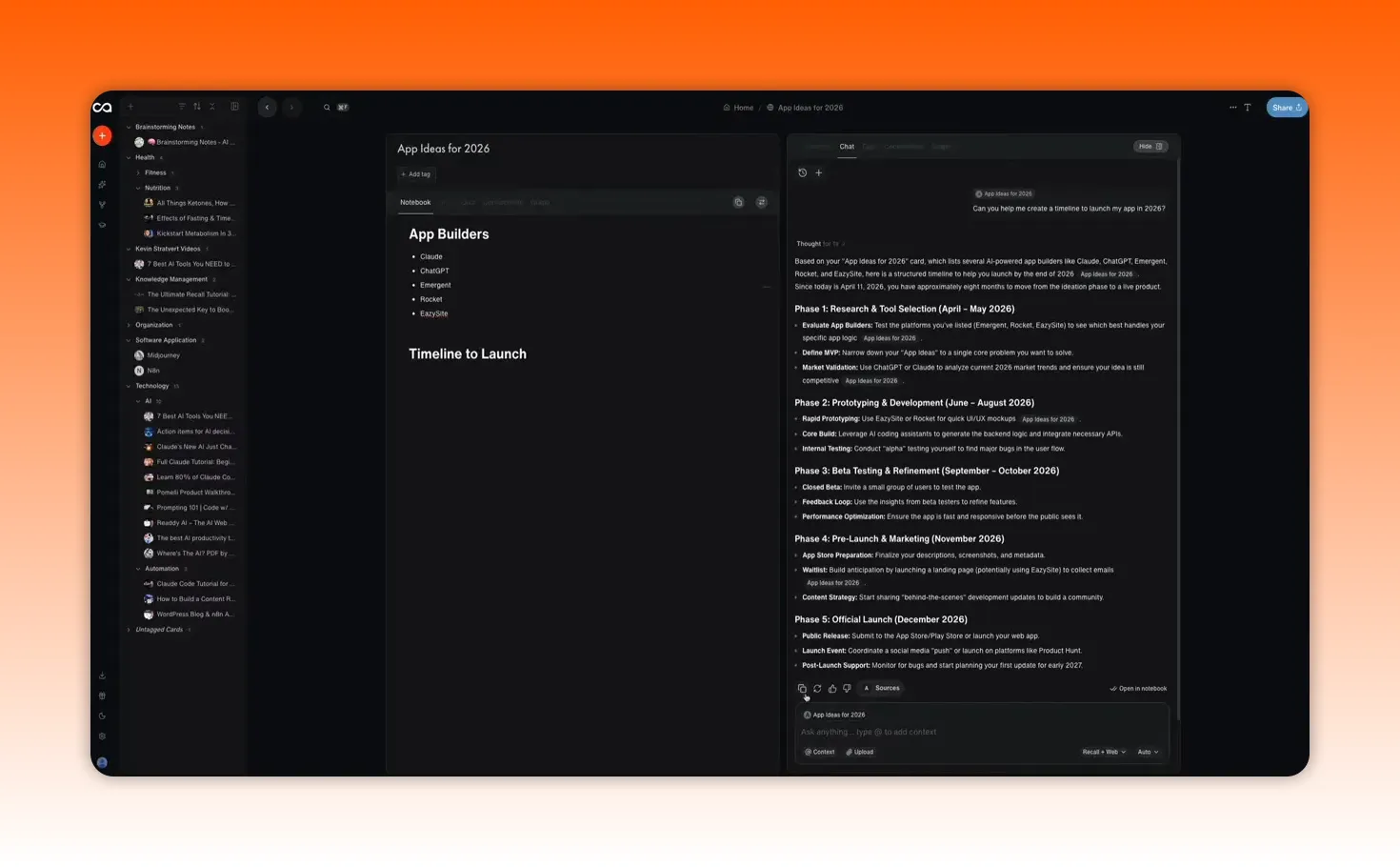 Recall 2.0 notebook editor split with chat prompt