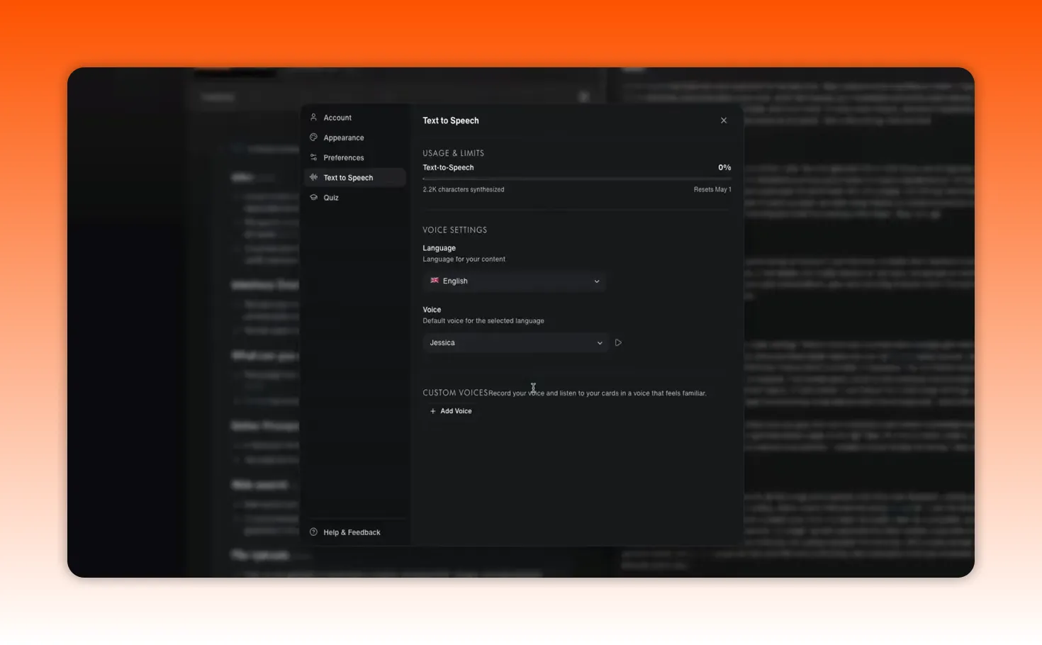 Recall 2.0 text-to-speech settings modal showing language and voice options