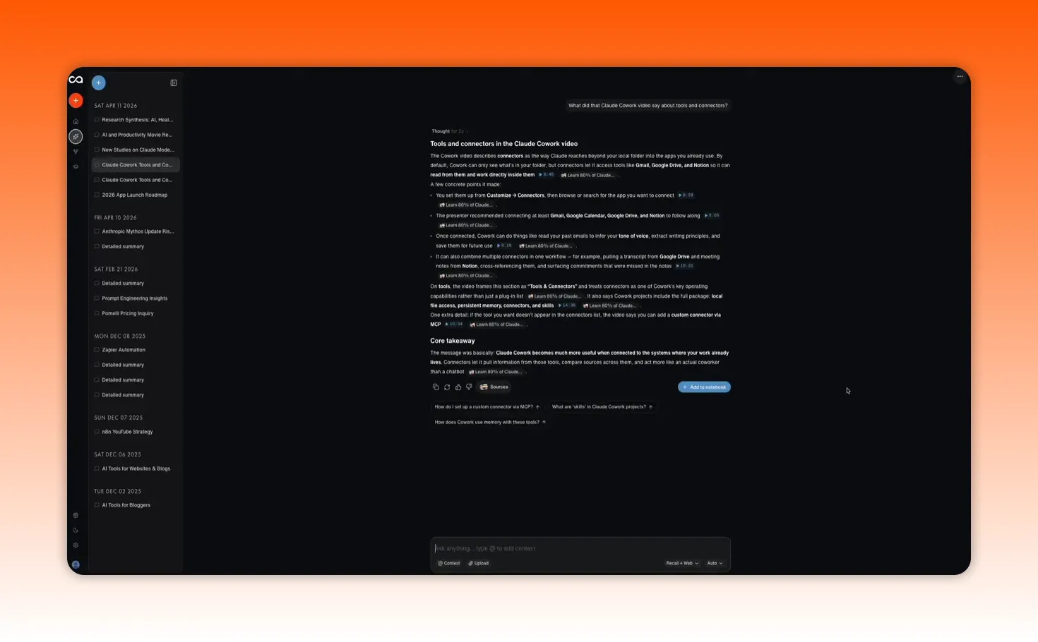 Recall 2.0 chat interface highlighting timestamped blue chips linking to a YouTube source