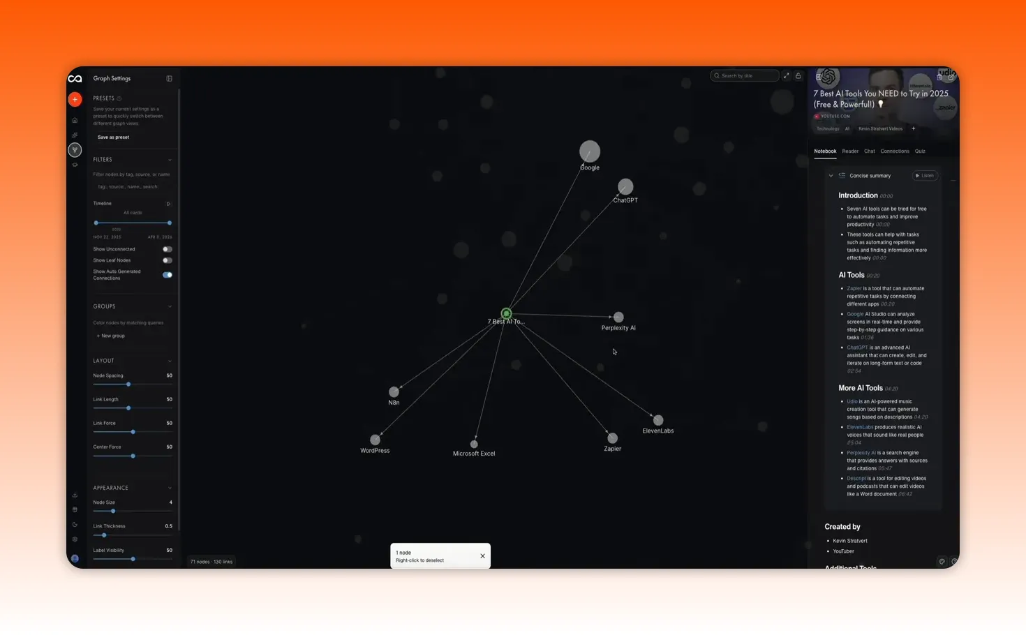 Recall 2.0 knowledge graph focused view with connected topic nodes