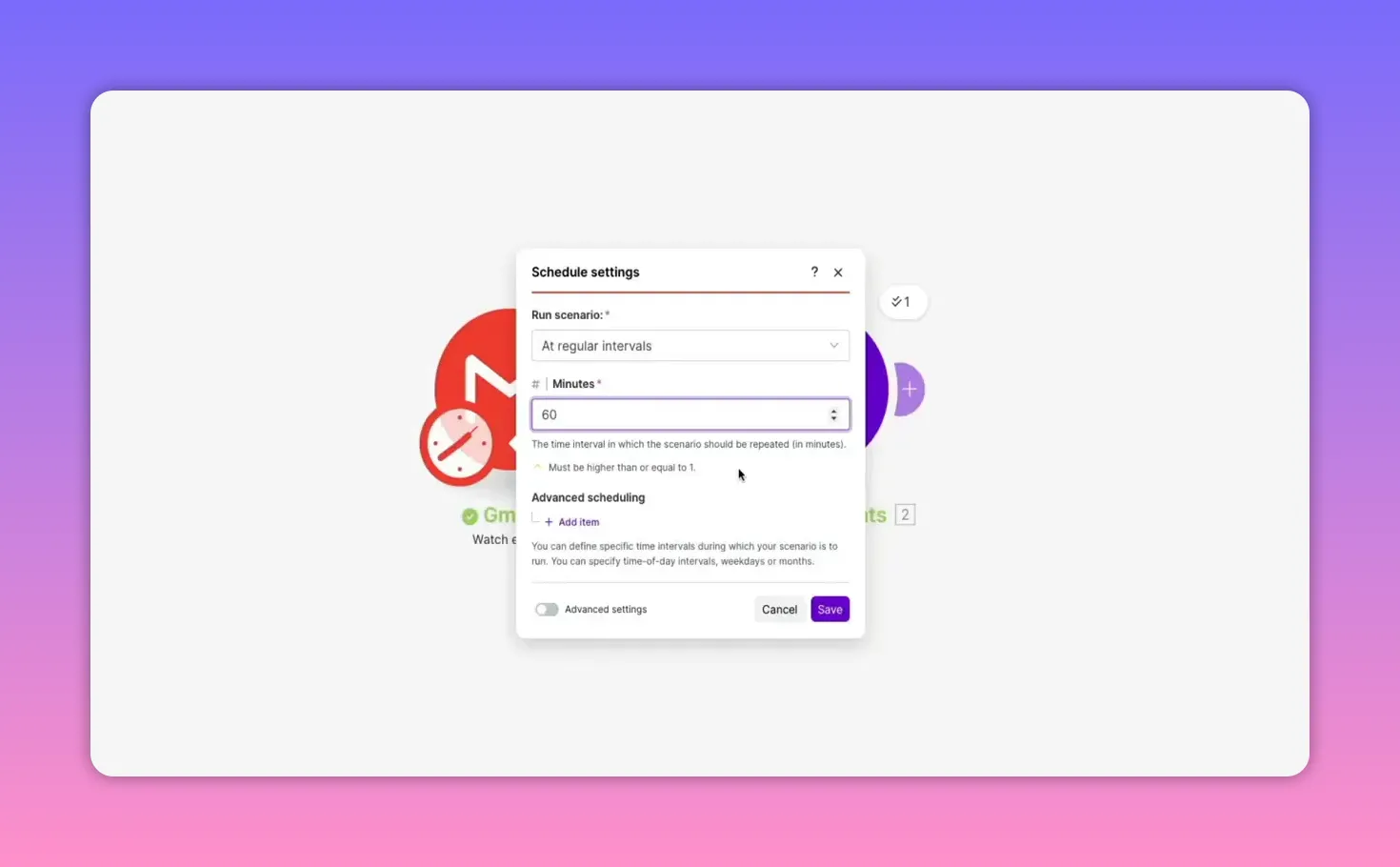 Make schedule settings modal with Minutes set to 60 and Save button visible