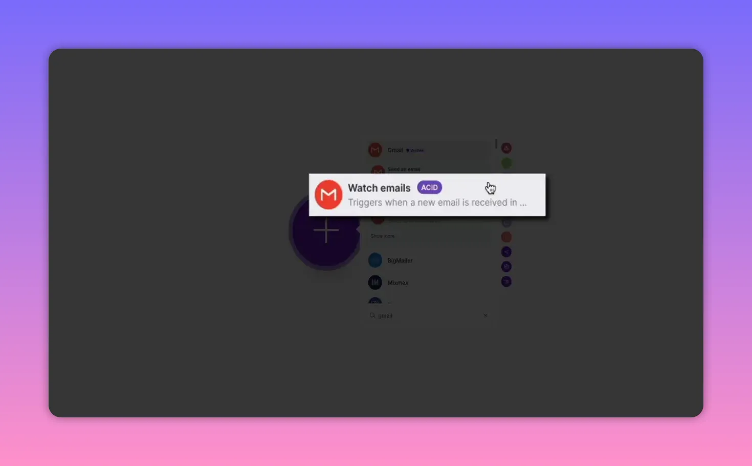 Make Gmail Watch emails module dialog showing Connection, Filter type, Folder, Criteria (Only unread messages) and Limit setting