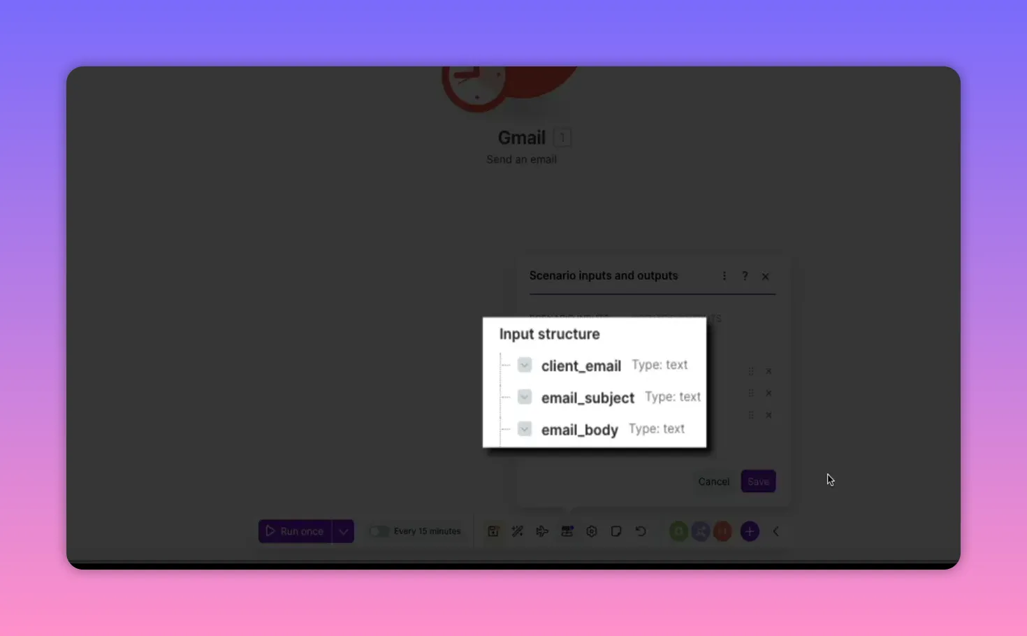 Input structure panel listing client_email, email_subject, and email_body variables in Make