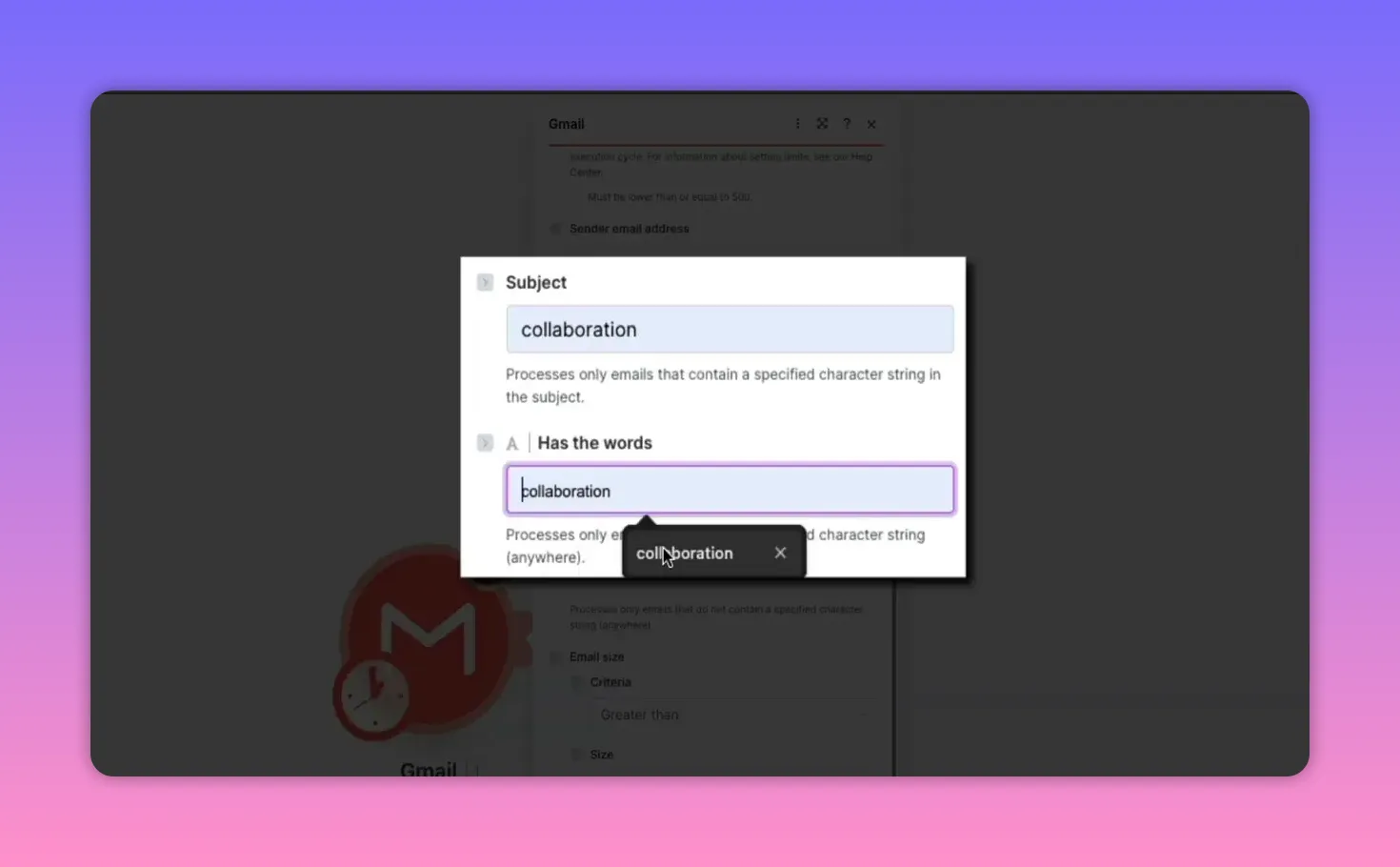 Make Gmail 'Watch emails' advanced settings panel with Subject set to 'collaboration' and 'Has the words' filled with 'collaboration', plus Gmail node icon.