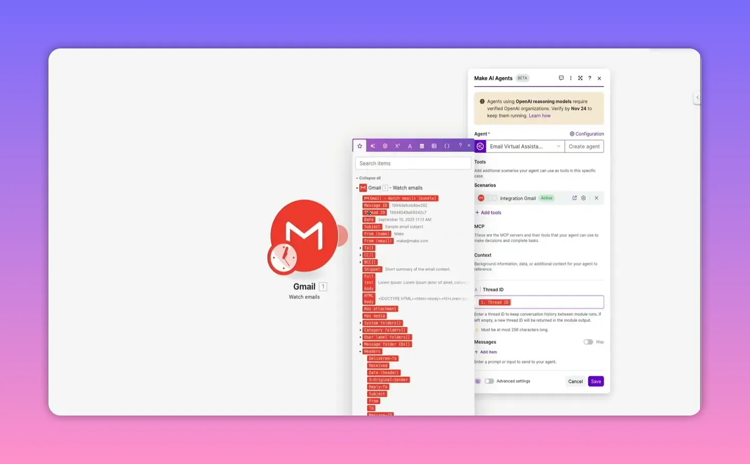 Bright Make Agents screen showing the Gmail token list and the Thread ID input with a thread token mapped