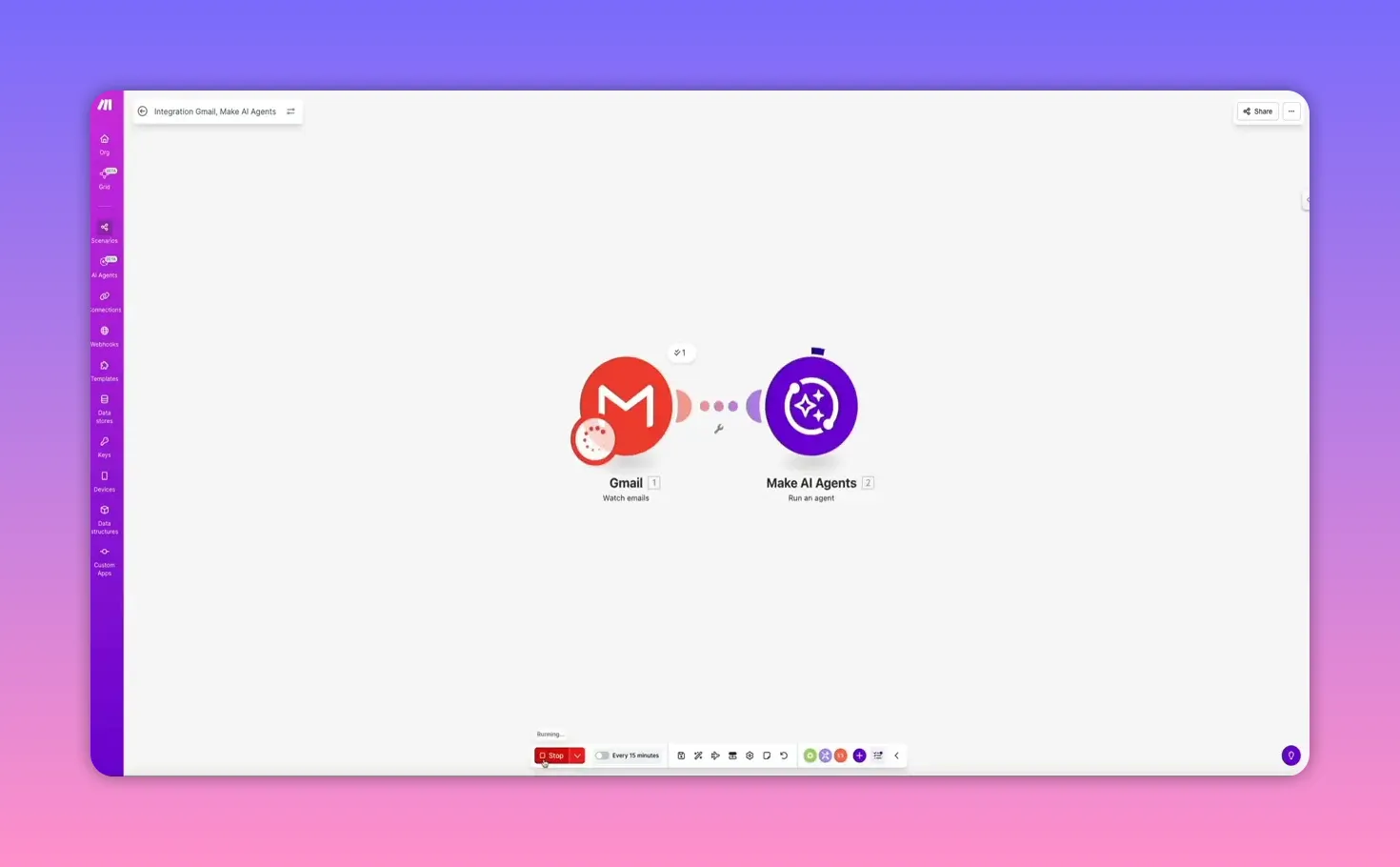 Make canvas with Gmail watch node and Make AI Agents run node, with a red 'Running... Stop' indicator at the bottom showing the scenario is executing