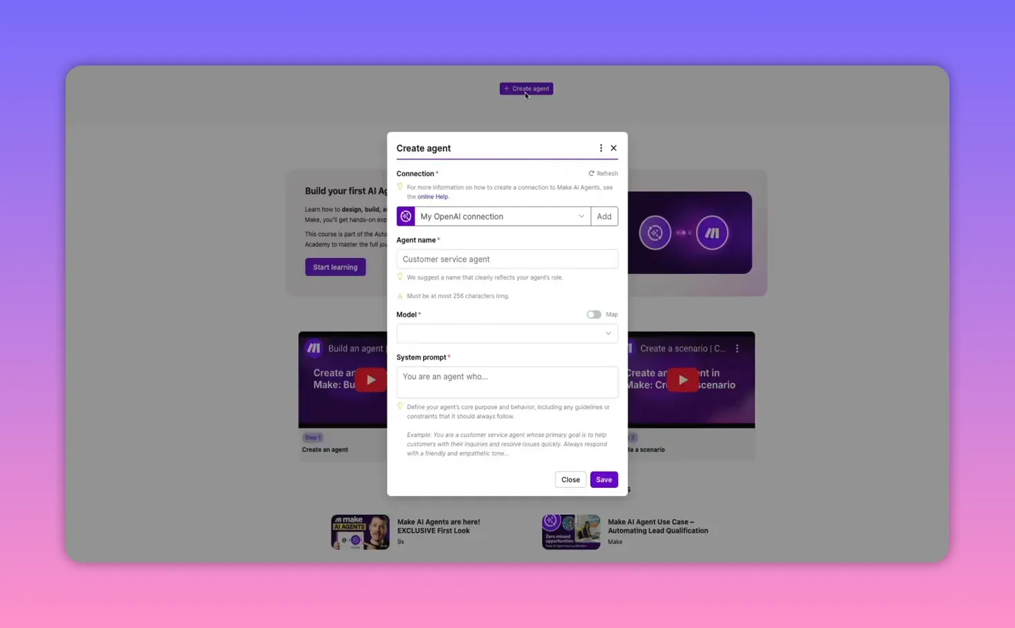 Create agent modal in Make showing Connection, Agent name, Model, and System prompt fields