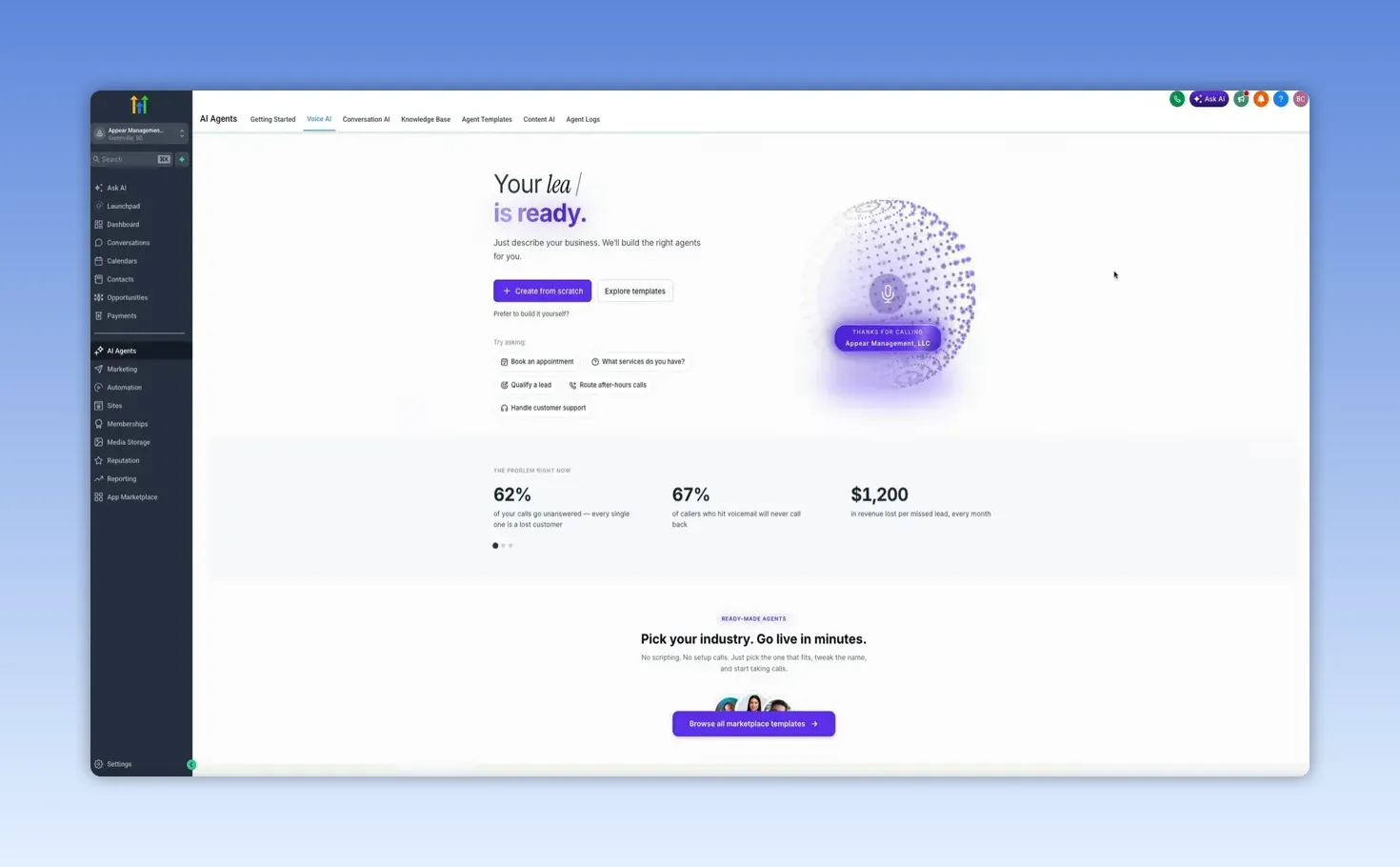 Voice AI setup screen showing an animated orb and readiness metrics for an AI agent