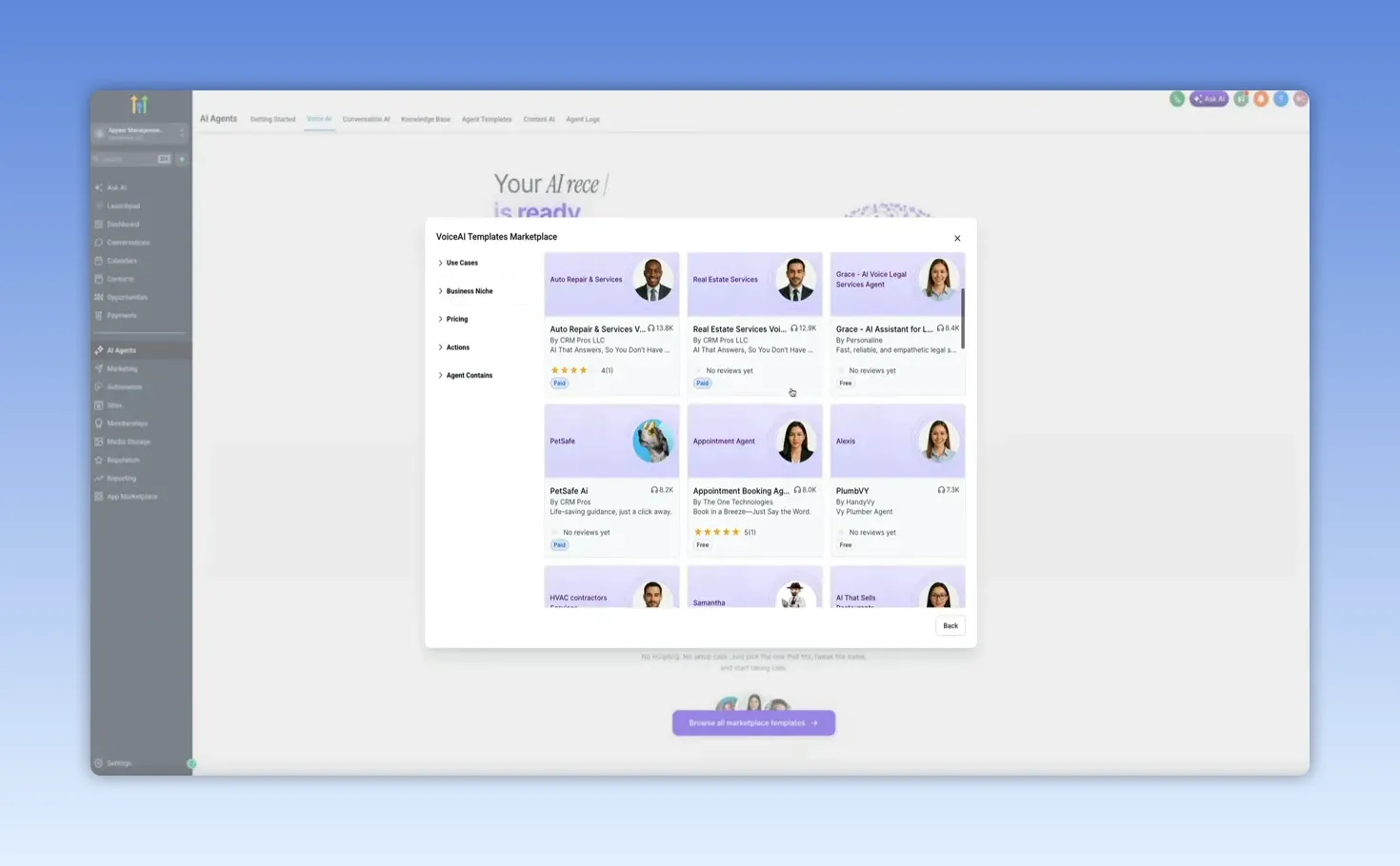 Template marketplace modal showing multiple AI voice agent cards with filters on the left