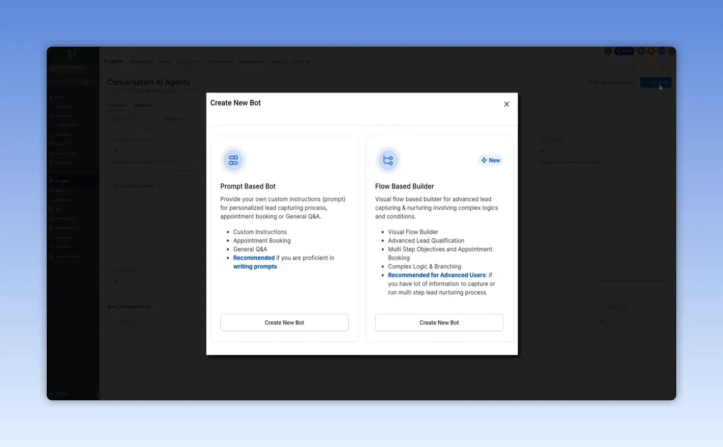 Create new bot modal showing prompt based and flow based bot options