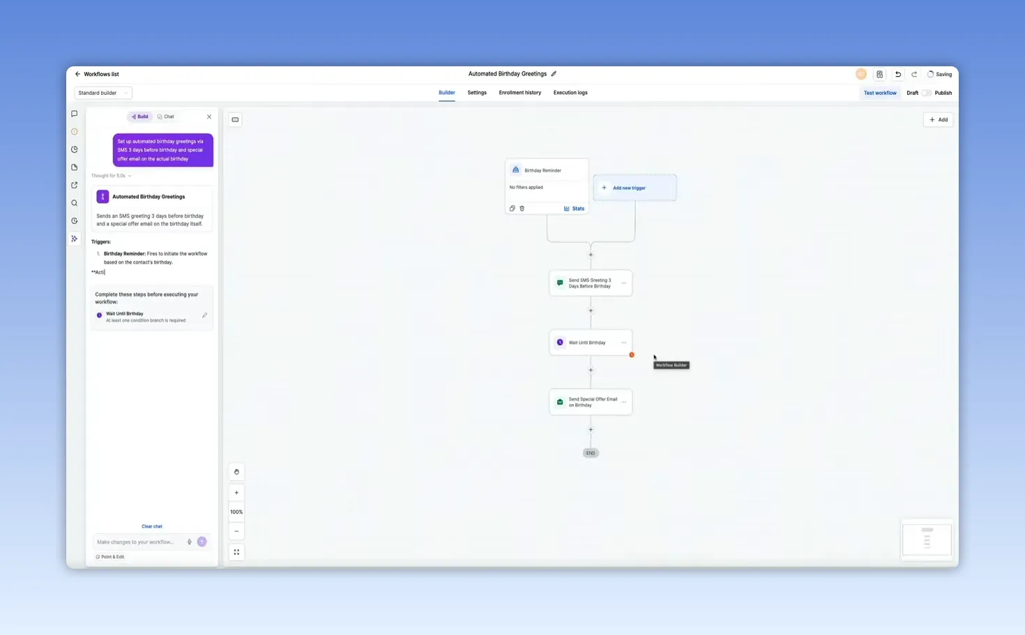 Workflow builder showing an AI generated automation canvas with multiple connected steps and a chat panel on the left