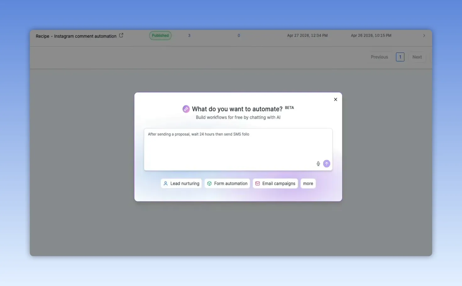 Build using AI modal asking what do you want to automate with quick start options below