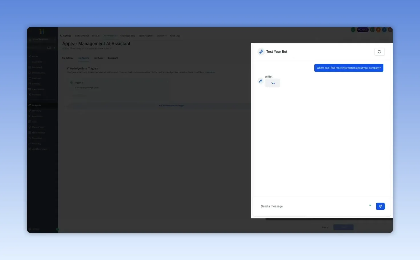 Conversation AI bot training screen with a test your bot chat panel open on the right