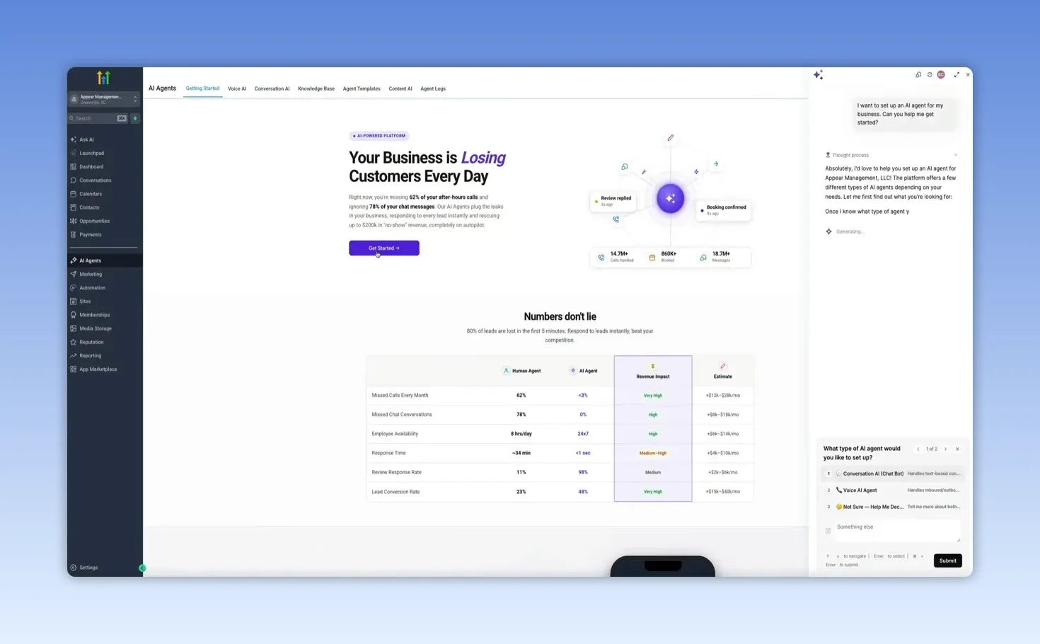 AI Agent Studio dashboard with a right side setup panel open and guided assistant text visible