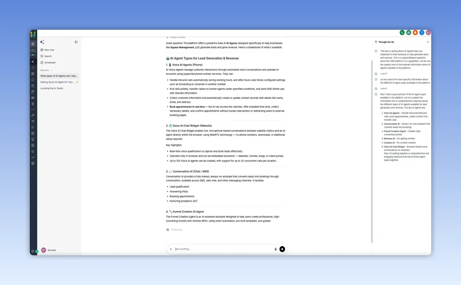 Ask AI response showing a long detailed answer with a right side reasoning panel