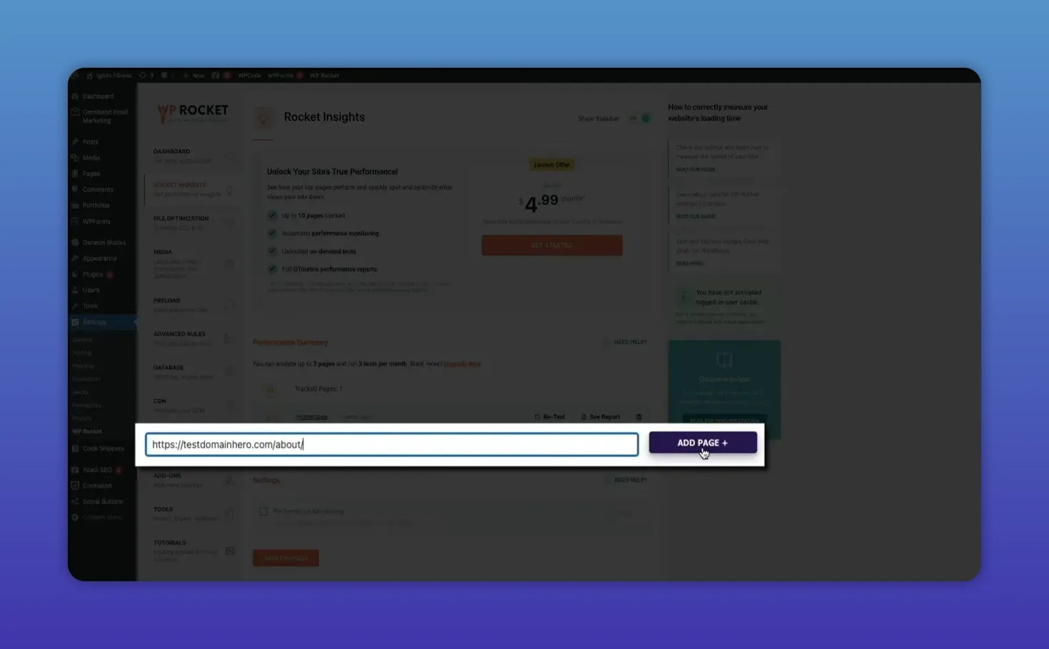 Rocket Insights add-url field populated with an example URL and Add Page cursor