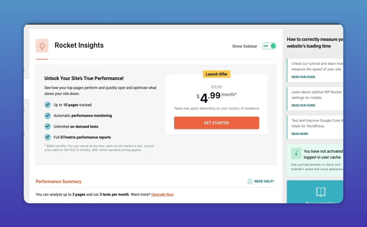 Clear WP Rocket dashboard screenshot showing Rocket Insights launch offer card with $4.99/month and list of features (10 pages tracked, monitoring, GTMetrix reports)