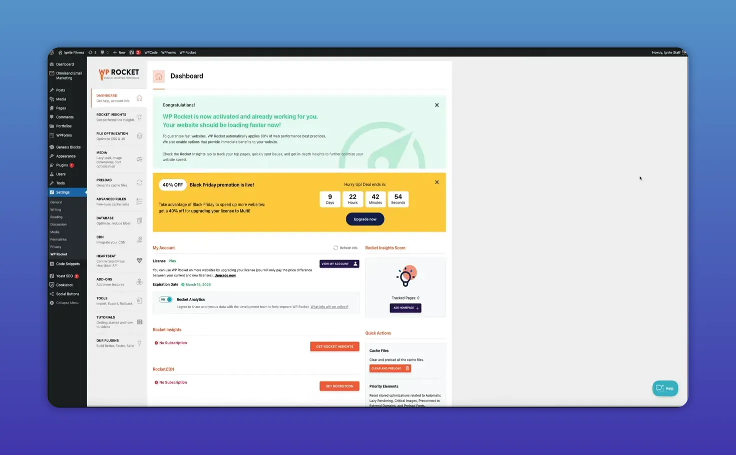 Clear WP Rocket dashboard view with Rocket Insights score box and upgrade banner